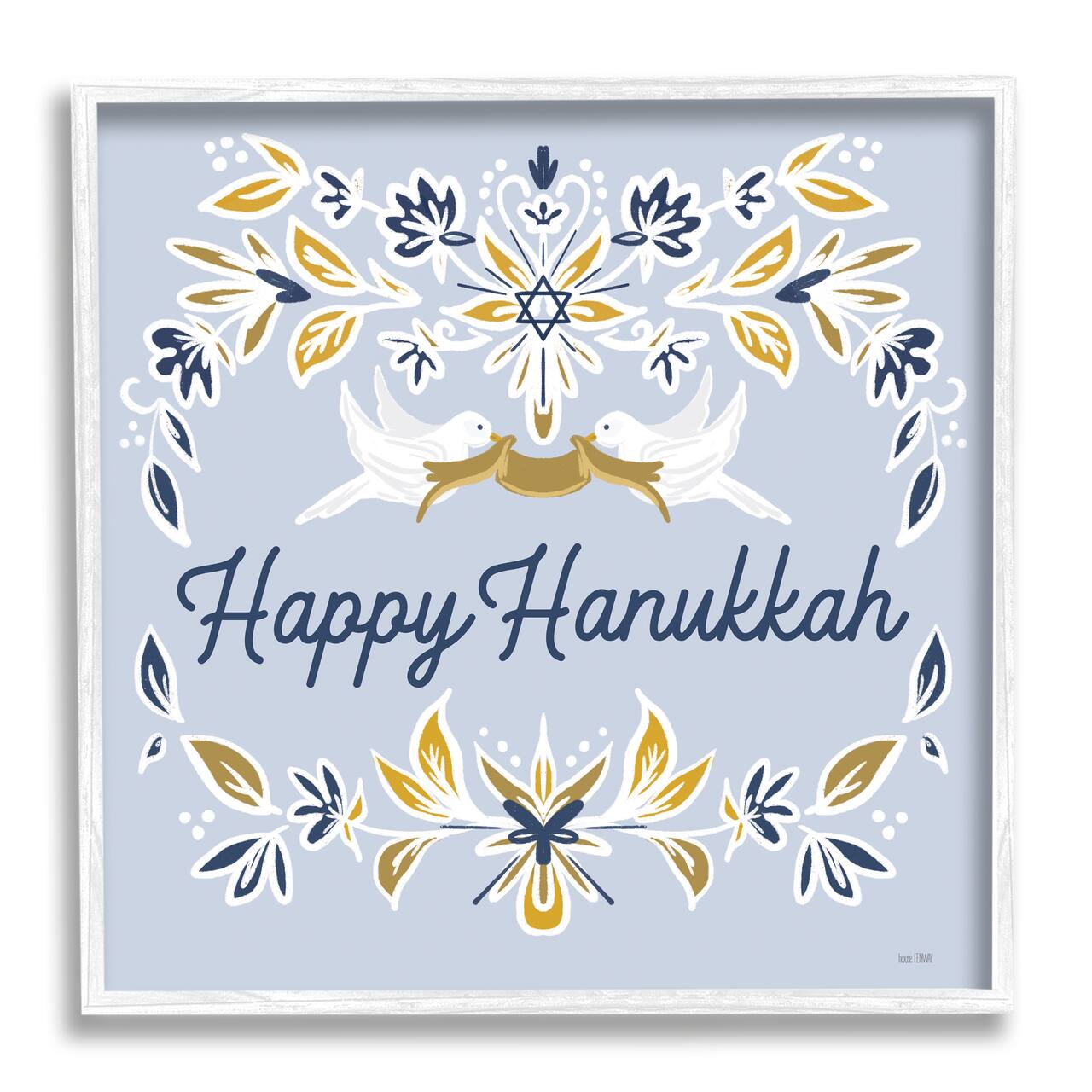 Stupell Industries Happy Hanukkah Floral Doves Banner Framed Giclee Art